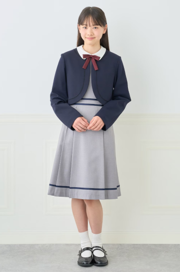 ボレロと白襟ワンピースの卒服セット(ワンピースがグレーの配色ライン入り)